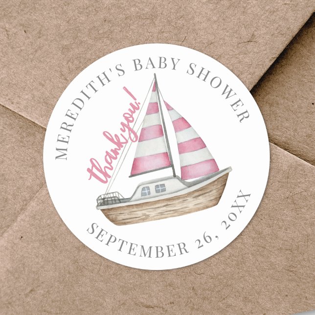 Adesivo Obrigado Rosa Chá de Bebê Náutico (Thank You Pink Nautical Baby Shower Classic Round Sticker)