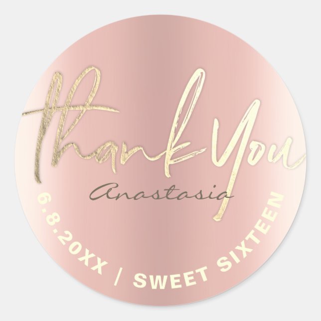 Adesivo Obrigado Rosa Dourado Faux Foil Personalizado (Frente)