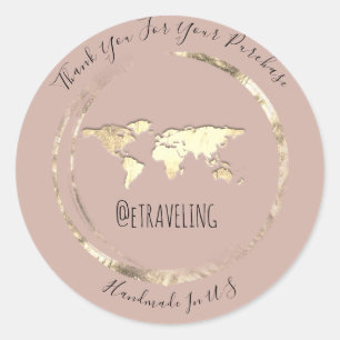 Adesivo Obrigado Rosa Dourado Mapa do Mundo Viagem Logotip