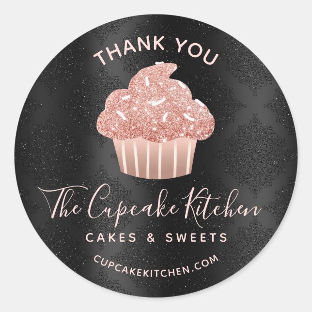 Adesivo Obrigado Rose Gold Cupcake Bakery Black Damask  (Frente)