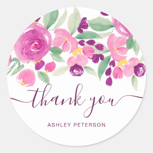 Adesivo Obrigado tipografia chic roxo aquarela floral (Frente)