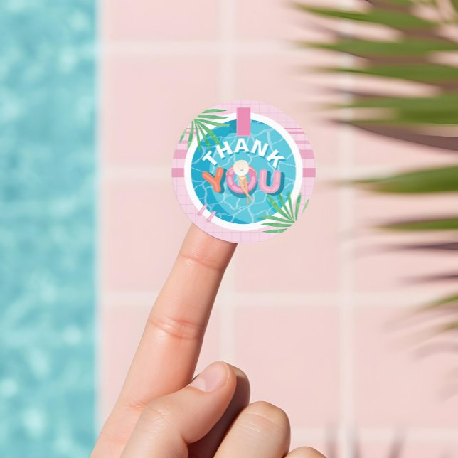 Adesivo Obrigado Tropical Rosa Rosa, Festa de Piscina de A (Thank You Tropical Pink Summer Birthday Pool Party Classic Round Sticker)