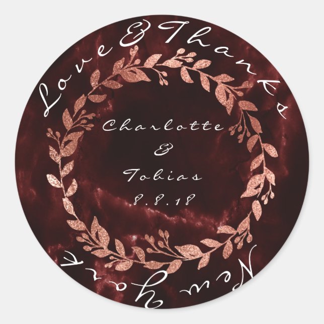 Adesivo Obrigados de Casamento Rosa Faux Marble Burgundy M (Frente)
