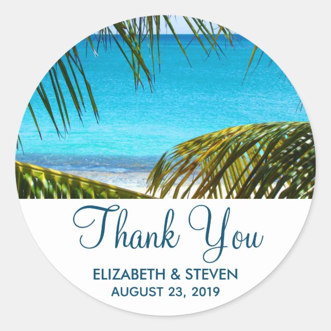 Adesivo Obrigados de Casamento Tropical de Praia Romântica (Frente)