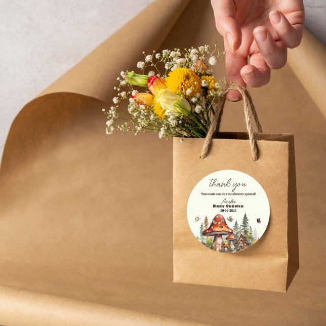 Adesivo Obrigados de queda de Chás de fraldas de Cogumelos (mushroom food, rustic fall tent, forest animal party labels, woodland buffet autumn, fall)