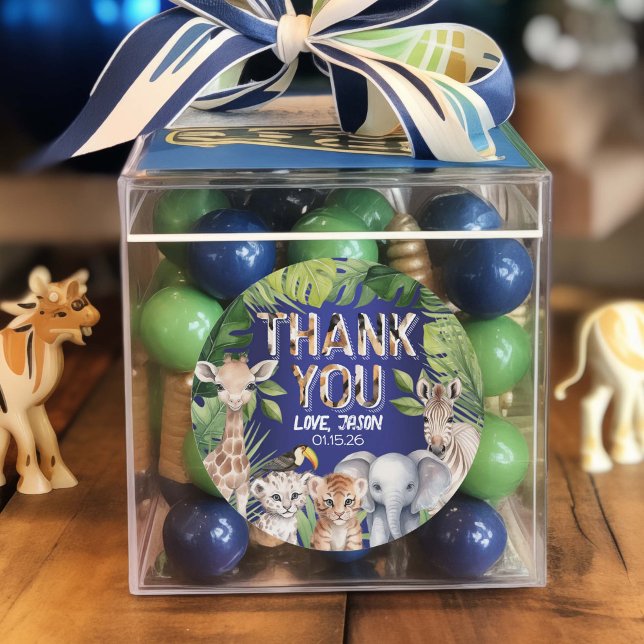 Adesivo Obrigados Favoráveis de primeiro aniversario de Ma (Navy Blue safari animals themed birthday favor thank you stickers)