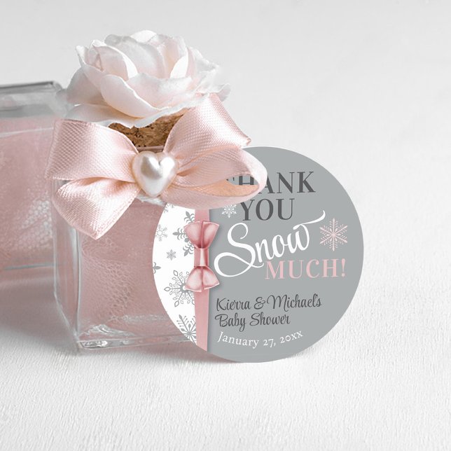 Adesivo Obrigados NEVAM Muita Garota Rosa Floco de Neve Ch (Thank you snow much baby girl pink & gray cute snowflake brunch shower round favor gift sticker tag)
