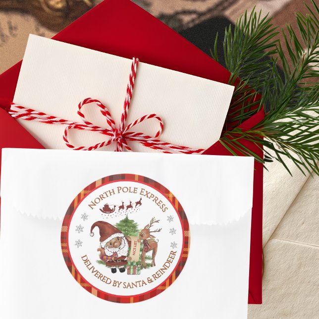 Adesivo Official North Pole Express Santa Red Plaid  (Official North Pole Express Santa Red Plaid Classic Round Sticker)