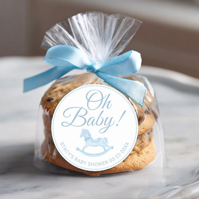 Adesivo Oh Baby Blue Rocking Horse Baby Shower Favor  (Oh Baby - blue baby shower favor sticker)