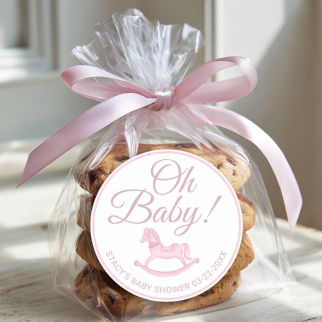 Adesivo Oh Baby Pink Rocking Horse Baby Shower Favor  (Oh Baby - Pink Baby Shower Favor Sticker)