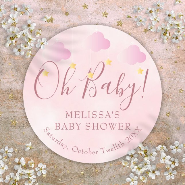Adesivo Oh Baby Rosa Suave Brilho Brilho Chuvinha de Bebê (Oh Baby Soft Pink Twinkle Twinkle Baby Shower Classic Round Sticker)