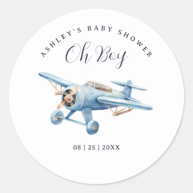 Adesivo Oh Boy! Adventure Awaits Airplane Boy Baby Shower (Frente)