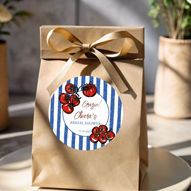 Adesivo Olá bela tomate favor de chuveiro de noiva italian (Ciao bella tomato Italian bridal shower favor Stickers that's amore thank you stickers blue stripes)