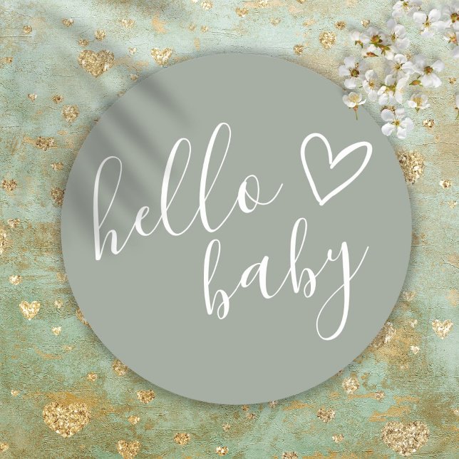 Adesivo Olá Chá de fraldas Sexo Neutro Boho Sage Green (Hello Baby Shower Gender Neutral Boho Sage Green Classic Round Sticker)