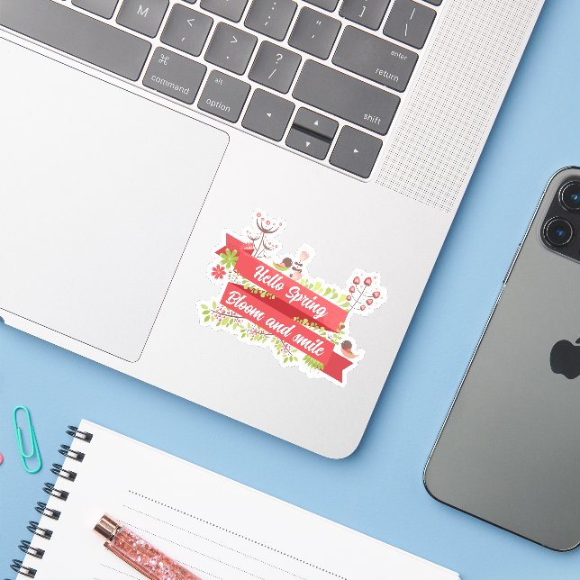 Adesivo Olá Primavera, Bloom e sorriso (Notebook com iPhone)