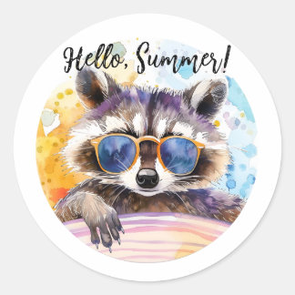Adesivo Olá Summer Raccoon em óculos de sol Watercolor