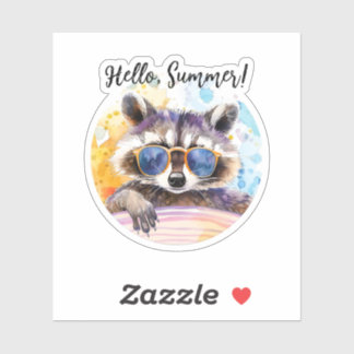 Adesivo Olá Summer Raccoon em óculos de sol Watercolor
