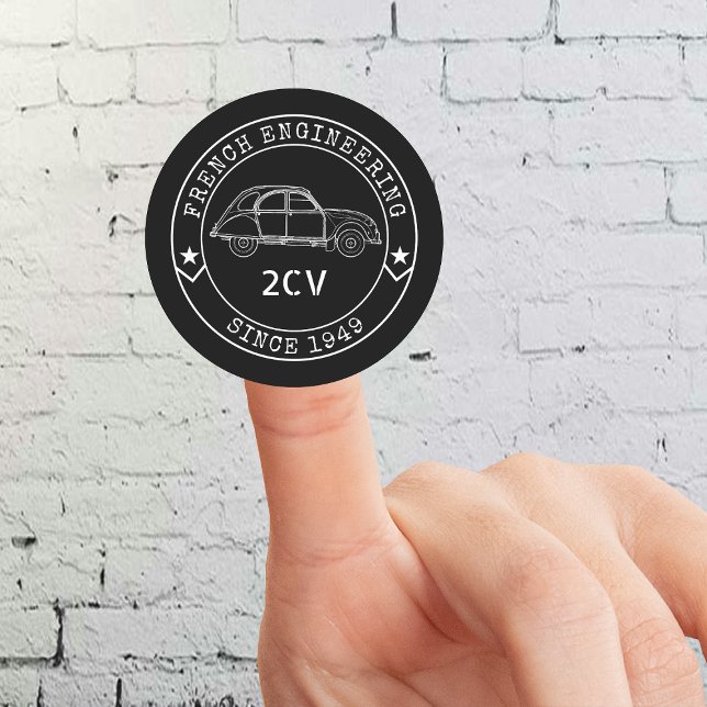 Adesivo Oldtimer 2CV Abzeichen Engineering Emblem (2CV Round Sticker in Black with a White Badge Text Design and and Illustration of the Deux Chevaux )