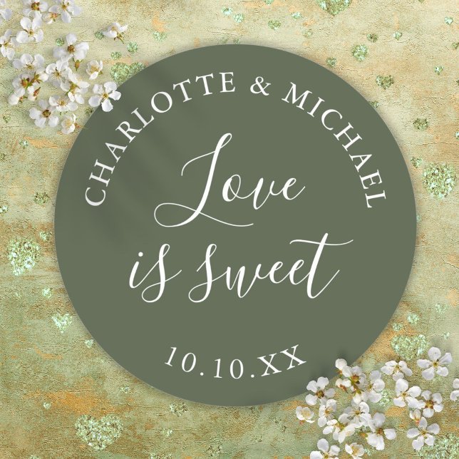 Adesivo Olive Green Love É Um Favor De Casamento Doce (Olive Green Love Is Sweet Wedding Favor Classic Round Sticker)