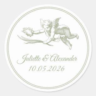 Adesivo Olive Toile de Jouy Cupido Clássico Rótulo Redondo