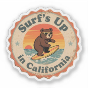 Adesivo Onda de Surf da Califórnia Vintage Urso Surfista