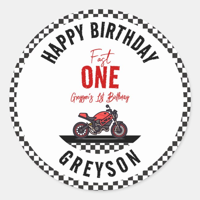 Adesivo One Fast Race Motorcycle Boy 1st Birthday Party (Frente)