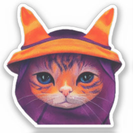 Adesivo Orange Cat Purple Witch Hat Fantasy Halloween