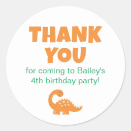 Adesivo Orange Dino Cute Birthday Party Obrigado