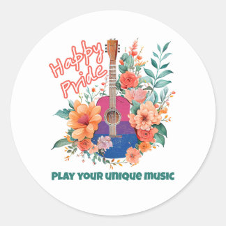 Adesivo Orgulho Feliz LGBTQ, Violão e Flores Retro, Bi