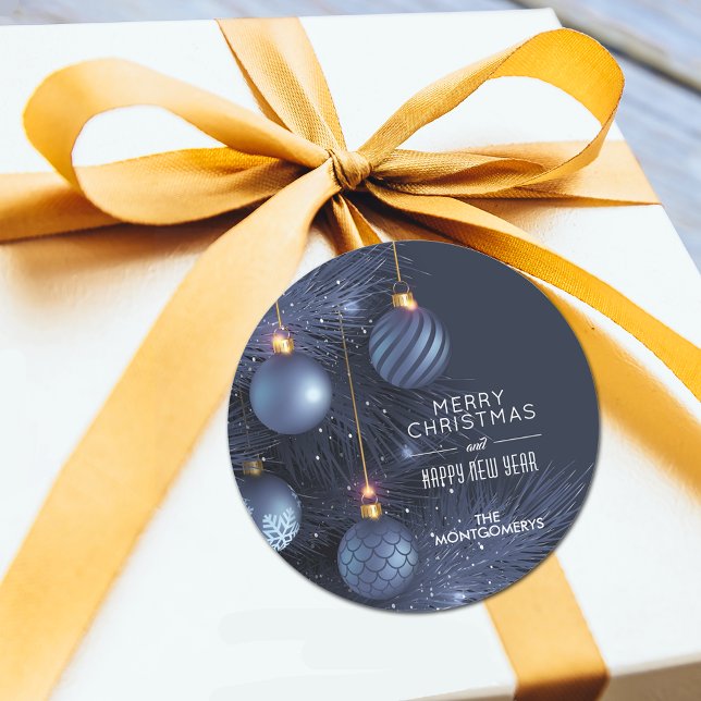 Adesivo Ornamentos Azuis de Natal (Blue Christmas tree and blue ornaments round stickers)