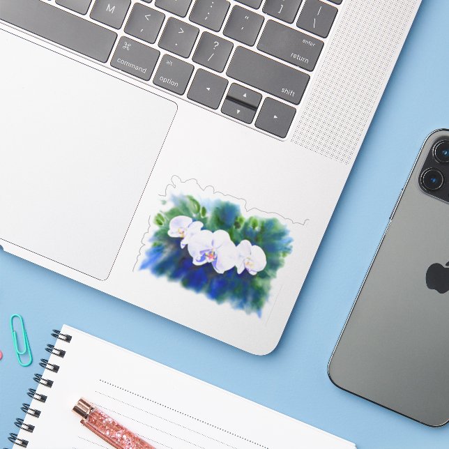 Adesivo Orquídeas tropicais de cor branca Elegante (Notebook com iPhone)