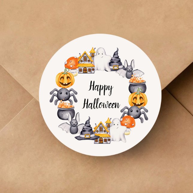 Adesivo Ótima ilustração do Dia das Bruxas Feliz (Cute Happy Halloween Illustration Classic Round Sticker)