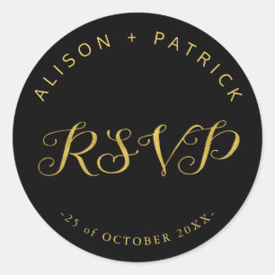 Adesivo Ouro de luxo de casamento elegante rsvp preto