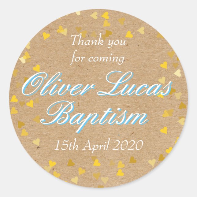 Adesivo Ouro Hearts Blue Baptism Christening Favor (Frente)