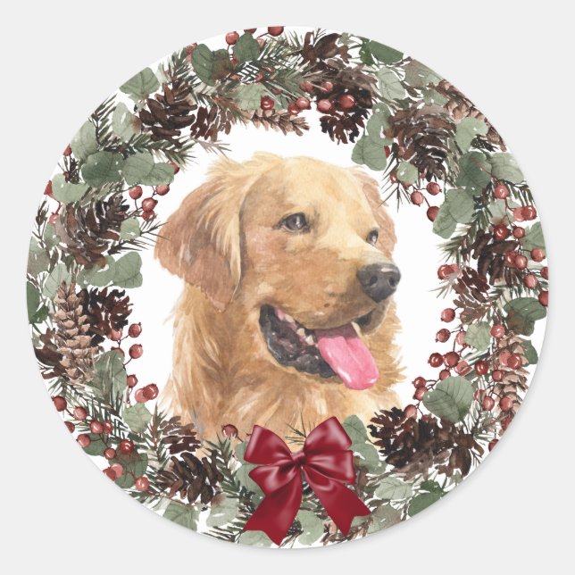 Adesivo Ouro Retriever Arco Vermelho Pinecone Wreath Natal (Frente)