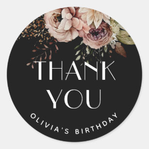 Adesivo Outono Doce 16 Obrigada Favor Floral Preto Boho
