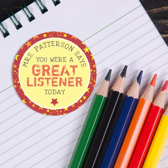 Adesivo Ouvinte de excelentes | Professores personalizados (Great Listener | Personalized Teachers Classic Round Sticker)