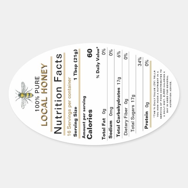 Adesivo Oval 2021 Fatos de nutrição do mel Rótulo de oval com a (Frente)