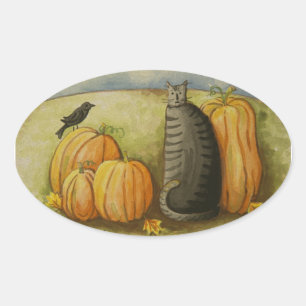 Adesivo Oval 4874 Colheita de Vinhetas de Gato