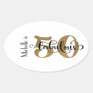 Adesivo Oval 50 & aniversário Dourado fabuloso 3b da tipografi