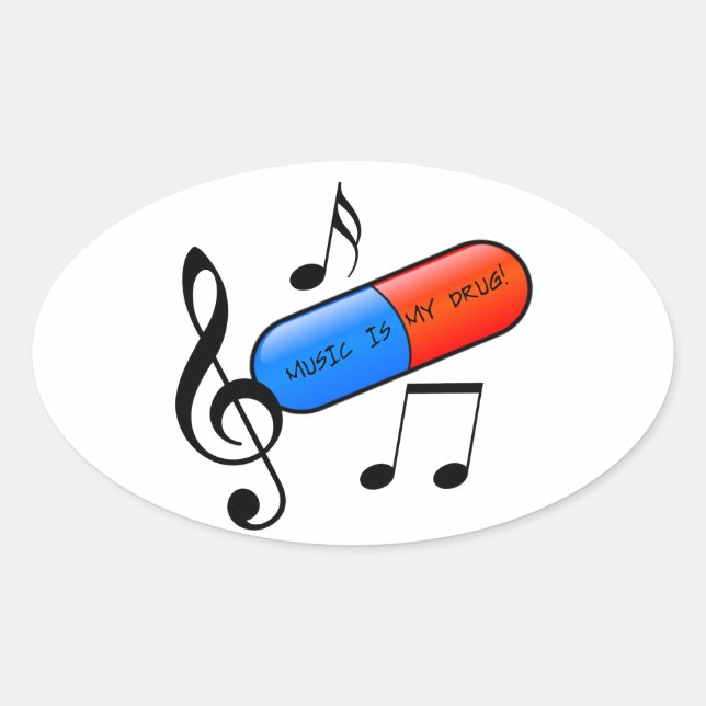 Adesivo Oval A música é a minha droga! (Frente)