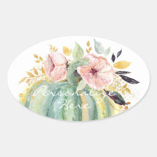 Adesivo Oval Abóbora azul queda floral aquarela outono elegant