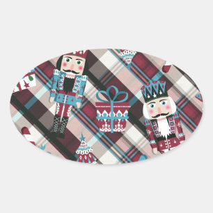 Adesivo Oval Acrililado de Natal Plaid Azul Burgundy