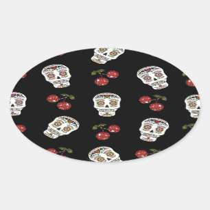 Adesivo Oval Açúcar Rockabilly RAB Caveiras de Açúcar Cerejas e