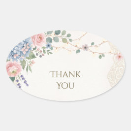 Adesivo Oval Agradecimento de Casamento em Renda Floral Azul Ro