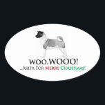 Adesivo Oval Akita Christmas Oval Sticker<br><div class="desc">Celebre o Cachorro Akita Japonês com nosso legal Vestido de Natal Akita! Design apresenta silhueta de carvão de um cachorro Akita com texto: Woo.Wooo Akita Para Feliz Natal! Um presente de feriado divertido para as pessoas que amam Akitas. Preço pela folha com descontos de volume disponíveis.</div>