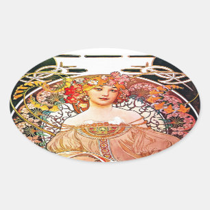 Adesivo Oval Alphonse Mucha Daydream Vintage Arte Nouveau