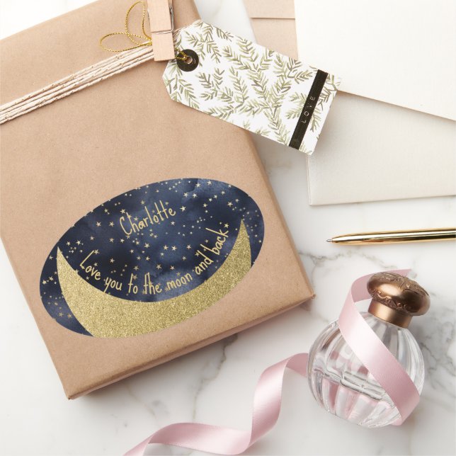 Adesivo Oval Amo Você até a Lua e de Volta Personalizado (Presentear)