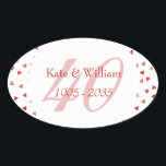 Adesivo Oval Aniversário de 40 anos de Casamento Corações de Ru<br><div class="desc">ADESIVOS DE CONFETES DE CORAÇÕES DE RUBI PARA ANIVERSÁRIO DE 40 ANOS DE CASAMENTO. Personalizados lindamente com seus nomes e datas sobre um delicado "40" (ou inicial de monograma) em um delicado fundo de confetes de corações rubis. Use para celebrações de aniversário, reuniões de família ou mais. Criado por Pure...</div>
