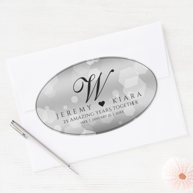 Adesivo Oval Aniversário de Casamento do 25 Silver Elegante (Envelope)